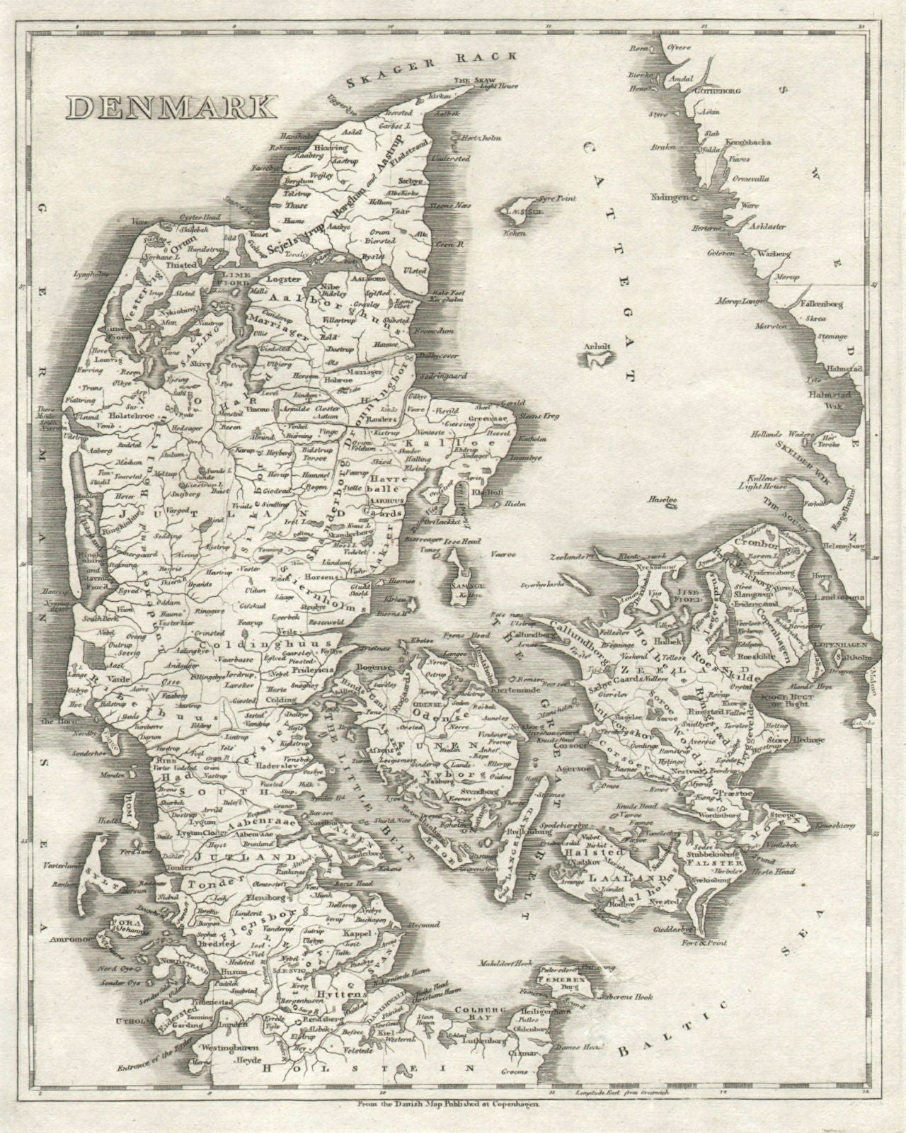 Denmark by Arrowsmith & Lewis 1812 old antique vintage map plan chart